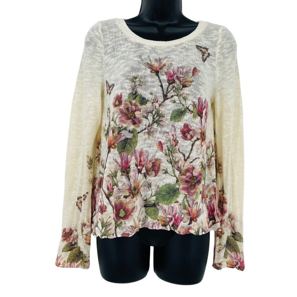 Gaze Women's Floral Butterfly Lightweight Sweater Size S Delicate Crewneck
